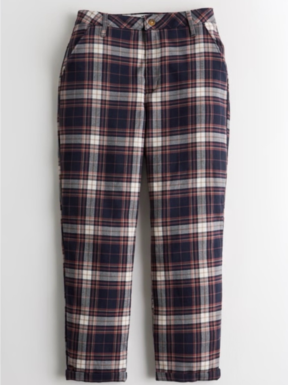 Hollister Curvy Plaid Ultra High-Rise Mom Pants in Navy, Brown & Cream